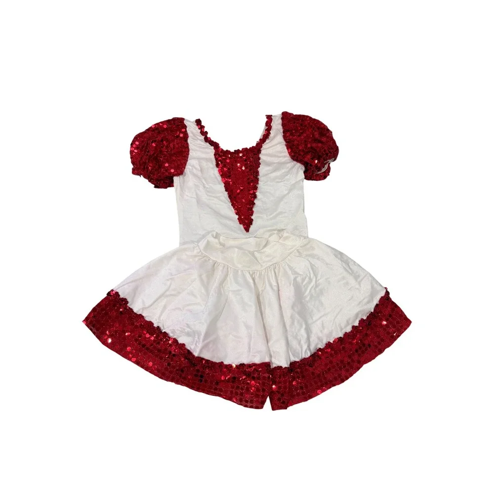 Vintage 90s Kids Dance Costume Competition Set Red White Sequin Bodysuit Skirt
